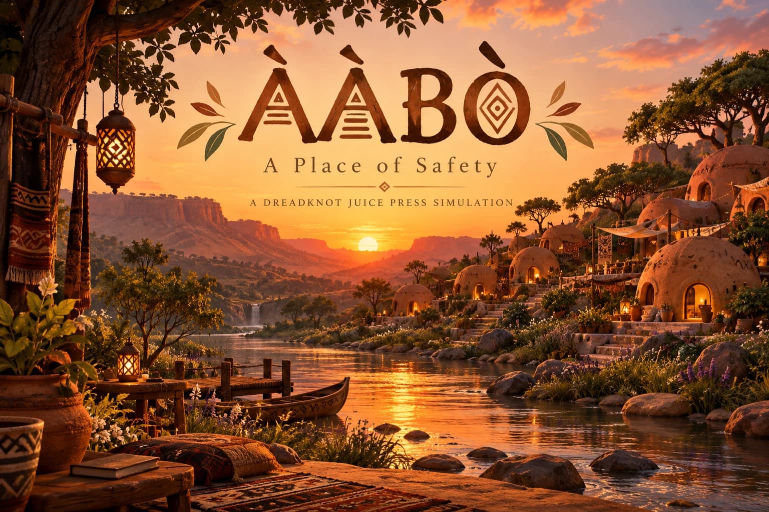 Ààbò, A Place of Safety: a terraced village of adobe domes and glowing lanterns beside a river at sunset, with a canoe at the dock and cliffs in the distance.